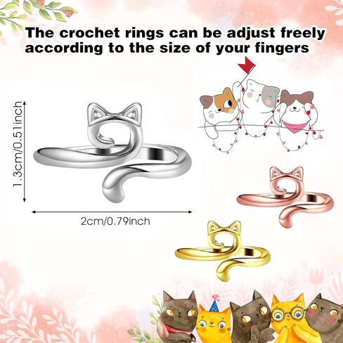 Dimeho 3 Pack Adjustable Knitting Rings Crochet Yarn Guide Holder Cute Cat Finger Loop Wide Open Weaving Hook Braided Thimble Knit Accessories for DIY Craft Sweater Scarf Handicrafts in Saudi Arabia