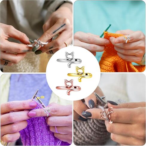Dimeho 3 Pack Adjustable Knitting Rings Crochet Yarn Guide Holder Cute Cat Finger Loop Wide Open Weaving Hook Braided Thimble Knit Accessories for DIY Craft Sweater Scarf Handicrafts in Saudi Arabia