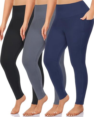 NEW YOUNG 3 Pack Plus Size Leggings with Pockets for Women,High Waist Tummy Control Workout Yoga Pants in Kuwait