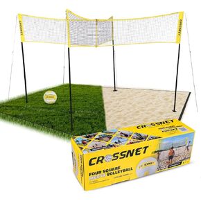 CROSSNET Quick Assemble 4 Square Volleyball Game Set for Adults and Kids with Volleyball Net, Backpack and Ball for Outdoor Games