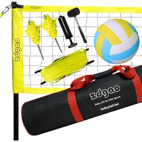 Outdoor Portable Volleyball Net System - Adjustable Height Poles with Soft Volleyball Ball, Pump, Hammer, Boundary Line, and Carry Bag for Backyard, Beach, Lawn