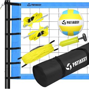 Patiassy Outdoor Portable Volleyball Net Set System - Quick & Easy Setup Adjustable Height Steel Poles, PU Volleyball with Pump and Carrying Bag for Beach Backyard