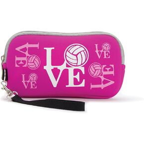 Tandem Sport Volleyball Clutch Pouch - Pink Volleyball Mini Purse - Volleyball Themed Neoprene Pouch with Nylon Wrist Strap - Gift for Volleyball Players - Pink