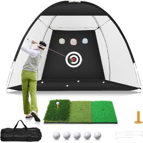 Golf Net, 10x7ft Golf Practice Net with Tri-Turf Golf Mat, All in 1 Home Golf Hitting Aid Nets for Backyard Driving Chipping Swing Training with Target/Mat/Balls/Tee/Bag - Gift for Men/Golf Lovers