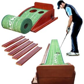 Pine Wood Putting Matt for Indoors, Putting Green with Smoothly Velvet Crystal Mat, Non-Slip Putting Mat with No-Jamming Ball Return, Training Accuracy Speed for Home Office Backyard