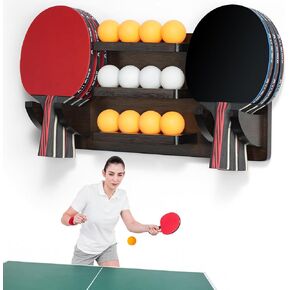 ikkle Ping Pong Paddle Holder Wall Mounted Table Tennis Racket Display for 6 Paddles and 12 Balls Storage, Ping Pong Accessories Organizer in Game Room, Man Cave, Bar Room, Garage, Office, Home