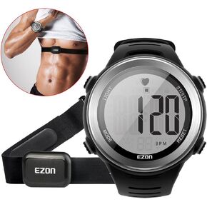 EZON Heart Rate Monitor and Chest Strap, Exercise Heart Rate Monitor, Sports Watch with HRM, Waterproof, Stopwatch, Hourly Chime T007