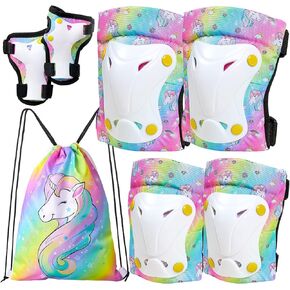 FIODAY Knee Pads for Kids Unicorn Knee Elbow Pads Wrist Guards with Drawstring Bag Adjustable Protective Gear Set for Girls Boys Inline Skating Bike Cycling Skateboard Scooter, 3-8 Years, Rainbow in Kuwait