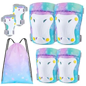 FIODAY Knee Pads for Kids Unicorn Knee Elbow Pads Wrist Guards with Drawstring Bag Adjustable Protective Gear Set for Girls Boys Inline Skating Bike Cycling Skateboard Scooter, 3-8 Years, Rainbow