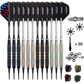 Darts Plastic Tip - Professional Soft Tip Darts Set for Electronic Dartboard 12 Pcs 18 Grams with 50 Extra Tips 24 Flights 2 Flight Protctors and Tool Kit Gift Darts