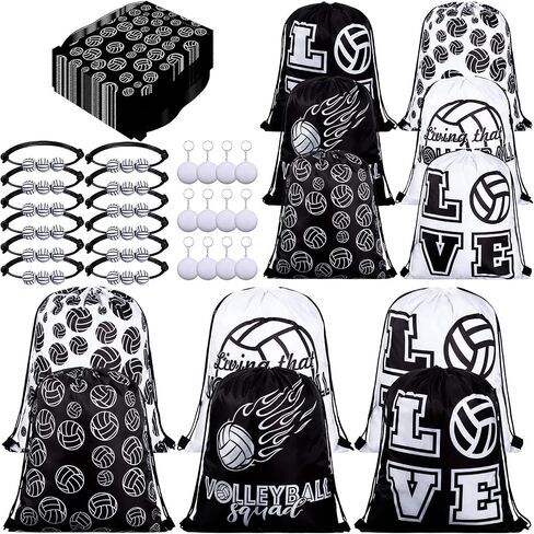 Patelai 36 Pcs Sport Party Favors Sports Drawstring Gift Bags Goodie Treat Candy Bag Adjustable Bracelets Keychains for Boys Girls Birthday Party Supplies Decorations(Volleyball) in Saudi Arabia