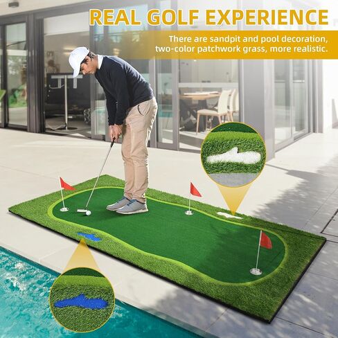 DWVO Golf Putting Green Practice Putting Mat، سجادات كبيرة لوضع الجولف، بساط تدريب احترافي على الجولف للاستخدام الداخلي والخارجي، بساط جولف واقعي مع حفرة رملية ومخاطر المياه in Saudi Arabia