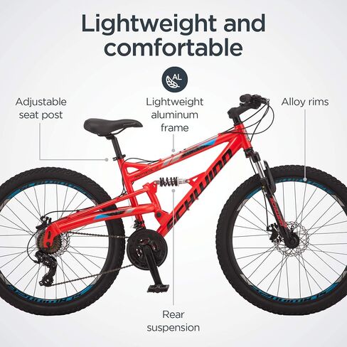 Schwinn Protocol Men and Women Mountain Bike, 26 or 27.5 Wheel Options, 21-Speed Drivetrain, Lightweight Aluminum Frame, Full Suspension, Mechanical Disc Brakes in Saudi Arabia