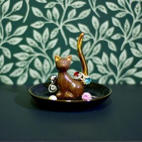 Happy Cat Posture Trinket Tray Decorative Ring Holder Jewelry Storage Dish Black/Golden Tail