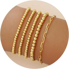 shownee Gold Beaded Bracelets for Women, Gold Bead Bracelet Set, Stackable Bead Ball Bracelet 14k Gold Plated