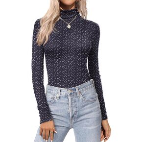 Ekouaer Women's Turtleneck Long Sleeve Shirts High Stretchy Slim Tops Soft Thermal Underwear Top Black/Light Blue S