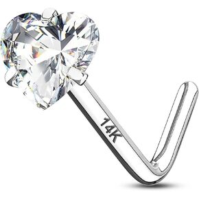 CM Crareesi Mania 14K Real Solid Yellow Gold Nose Stud 20Gauge Prong Set Heart CZ L Bend Nose Stud Piercing