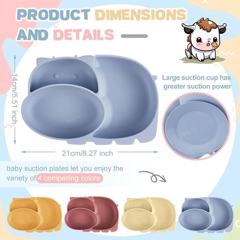 4 Pcs Suction Plates for Baby Placemat Silicone Baby Plates Divided Plates for Kids Toddlers Food Dishes Dinnerware Microwave Dishwasher Friendly, 4 Colors in Saudi Arabia