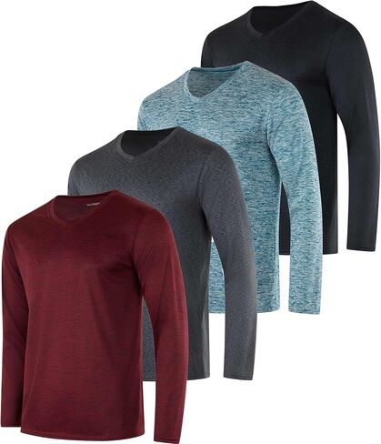 Real Essentials 4 Pack: Men's Dry Fit Long Sleeve V-Neck Active T-Shirt - Athletic Outdoor UPF 50+ (Available in Big & Tall) in Kuwait