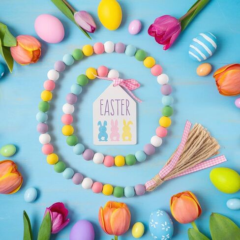 l1rabe عيد الفصح الأرنب الخشب حبة - 54pcs سعيد عيد الفصح مزرعة الخشب حبة إكليل مع ستة حبات الخشب ريفي مع حبل الجوت منقوشة شرابة الخرز الخشب الطبيعي ديكور لعيد الفصح حزب الديكور صينية المتدرج in Kuwait