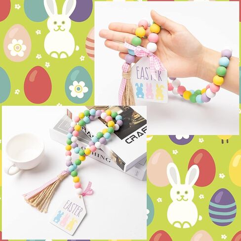 l1rabe عيد الفصح الأرنب الخشب حبة - 54pcs سعيد عيد الفصح مزرعة الخشب حبة إكليل مع ستة حبات الخشب ريفي مع حبل الجوت منقوشة شرابة الخرز الخشب الطبيعي ديكور لعيد الفصح حزب الديكور صينية المتدرج in Kuwait