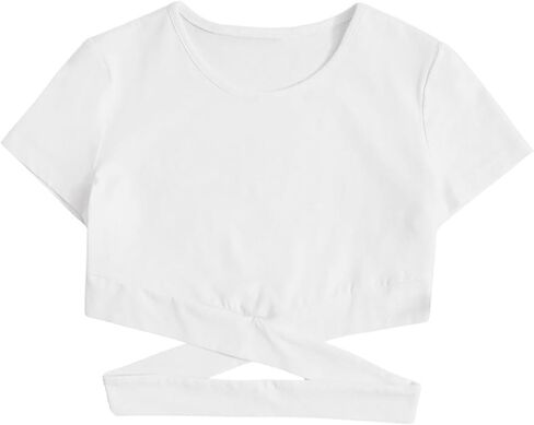 OYOANGLE Girl's Cute Crisscross Short Sleeve Cutout Solid Crop Top Tee T-Shirts in Kuwait
