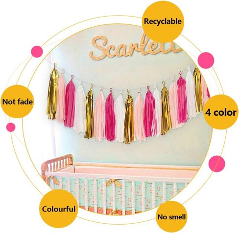 MerryNine Tissue Tassels Garlands, 40PCS Tassels, 19.5 ft Long Tassels, for Halloween, Mother's Day,Wedding, Baby Shower, Event & Party Supplies Decoration (Gold/Silver/Black/White Set) in Saudi Arabia