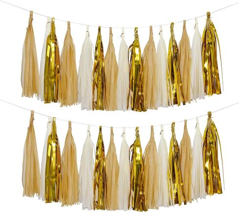 MerryNine Tissue Tassels Garlands, 40PCS Tassels, 19.5 ft Long Tassels, for Halloween, Mother's Day,Wedding, Baby Shower, Event & Party Supplies Decoration (Gold/Silver/Black/White Set) in Saudi Arabia