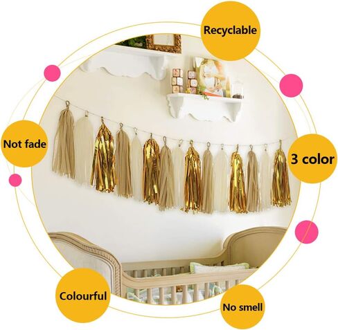 MerryNine Tissue Tassels Garlands, 40PCS Tassels, 19.5 ft Long Tassels, for Halloween, Mother's Day,Wedding, Baby Shower, Event & Party Supplies Decoration (Gold/Silver/Black/White Set) in Saudi Arabia