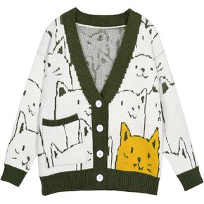 Arssm Cat Cardigan Sweater for Women Kawaii Cartoon Oversized Knit Loose Fit V Neck Printed Cardigan Coat