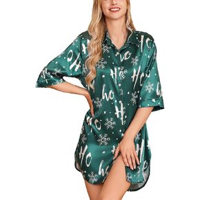 Leikar Satin Nightgown For Women 3/4 Sleeve Silk Nightshirt Button Down Pajamas Dress Boyfriend Sleepshirt S-XXL