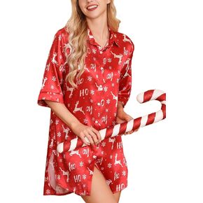 Leikar Satin Nightgown For Women 3/4 Sleeve Silk Nightshirt Button Down Pajamas Dress Boyfriend Sleepshirt S-XXL in Saudi Arabia