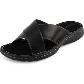 TIESTRA Mens Leather Slide Sandals Comfortable Lightweight Summer Memory Foam Sandals Casual Beach Slides for Men Indoor & Outdoor Slip On Sandals