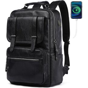 CHAO RAN Black Leather Laptop Backpack For Men Travel Backpack Large Vintage backpack Waterproof Work knapsack College computer Backpack Business backpack for commute