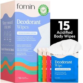 FOMIN Acidified Travel Deodorant Wipes For Women & Men - 15 Count - Variety Pack - pH Balanced, Mini Deodorant Travel Size Wipes - Plastic-Free, Individually Wrapped Underarm Body Wipes