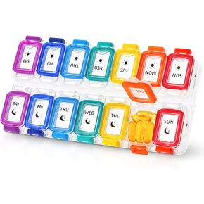 منظم حبوب منع الحمل المقاوم للرطوبة من فوليكون مرتين في اليوم، صندوق حبوب كبير 7 أيام، علبة حبوب منع الحمل مقاومة للانسكاب، حاوية حبوب السفر، منظم حبوب الدواء مع أغطية آمنة، منظم حبوب الدواء اليومي (قوس قزح أسود) in Kuwait