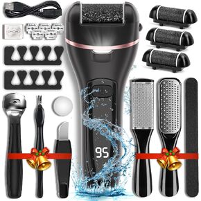 Electric Callus Remover for Feet with 3 Roller Heads 2 Speed Rechargeable Waterproof Professional Pedicure Kit 17 in 1 Foot File Tools Perfect for Dead Hard Cracked Dry Skin