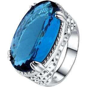 LTCXCXCD Ladies Party Birthstone Light Blue Big Gemstone Ring, Emerald Halo Engagement Wedding Ring (6)