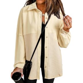 SHEWIN Womens Waffle Knit Shacket Fall Fashion Button Down Shirt Jacket Loose Fit Long Sleeve Tops