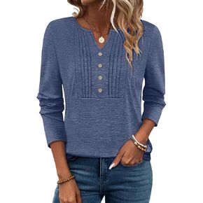 PGANDS Women's V Neck Pleated Tops Long Sleeve Button Casual Solid Blouse