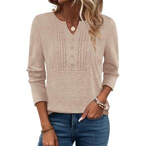 PGANDS Women's V Neck Pleated Tops Long Sleeve Button Casual Solid Blouse