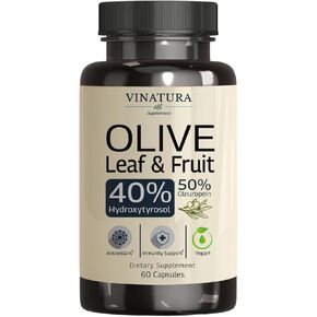 Olive Leaf Extract Hydroxytyrosol Supplement - 40% Hydroxytyrosol Olive Fruit Extract, 50% Oleuropein Olive Leaf Extract Capsules - 60 Capsules