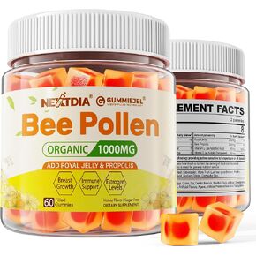Bee Pollen for Breast Growth Organic 1000mg, w/Propolis, Royal Jelly, Sugar Free Bee Pollen Gummies Rich in B-Vitamin, Antioxidants, Amino Acids, Bee Pollen Supplement for Skin & Energy (1 Pack)