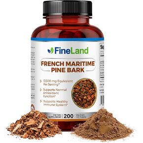 FineLand French Maritime Pine BARK 30:1 Extract Max Strength, 450 mg Per Capsule, Antioxidant, 200 Veggie Caps for 200 Days, 100% Natural