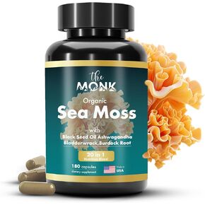 Organic Irish Sea Moss Capsules - Advance Formula, Raw Wildcrafted Seamoss Supplement with Bladderwrack and Burdock Root - 180 Pills - Made in The USA