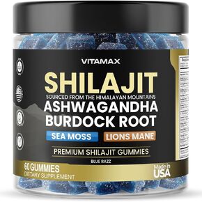 Organic Shilajit Gummies 1500mg, Sea Moss 200mg, Ashwagandha 500mg, 105+ Trace Minerals – Organic Burdock Root & Lions Mane Mushroom - Blue Razz – Vegan & Non-GMO – Made in USA – 60ct
