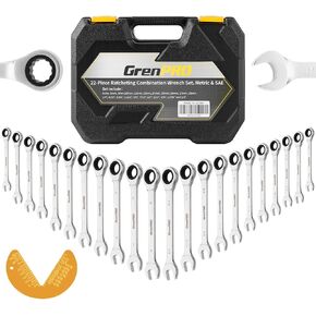 23-Piece Ratcheting Wrench Set, Open End Wrench Set Metric And Standard 6-18mm & SAE 1/4"-3/4", Combination Wrenches Sets, Organizer Tool Box, 72 Tooth Large Wrench Tools Set With 1 Gauge