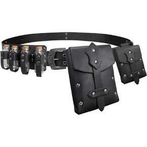 4 PCs Medieval Alchemy Belt Waist Pack Combo with Multiple Potion Bottles, Viking Rivet Belt Side Pouch for Cosplay (Black B)