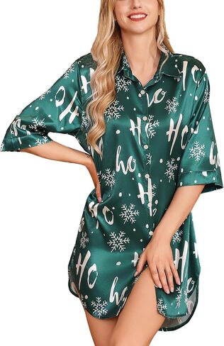 Leikar Satin Nightgown For Women 3/4 Sleeve Silk Nightshirt Button Down Pajamas Dress Boyfriend Sleepshirt S-XXL in Kuwait