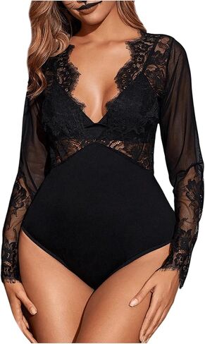 SweatyRocks Women's Sexy Lace V Neck Clubwear Top Sheer Mesh Long Sleeve Bodysuit in Kuwait